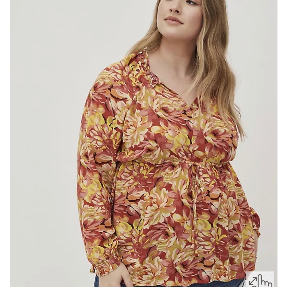 floral long sleeves tie waist smocked babydoll peasant top size 3 boho hippie